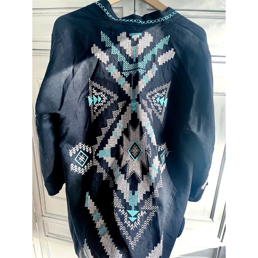 NWOT Johnny Was Linen Embroidered Aztec Kimono Black, Tan & Aqua - Picture 7 of 15